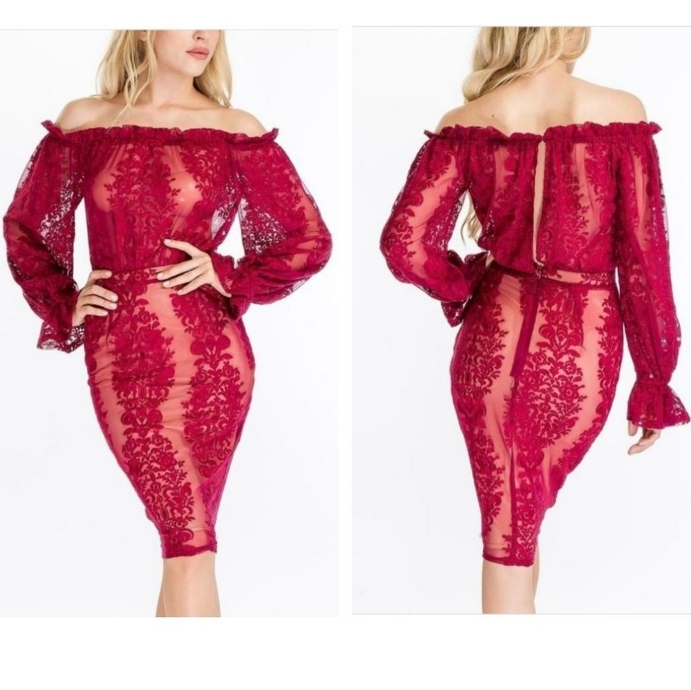 Off shoulder lace dress.